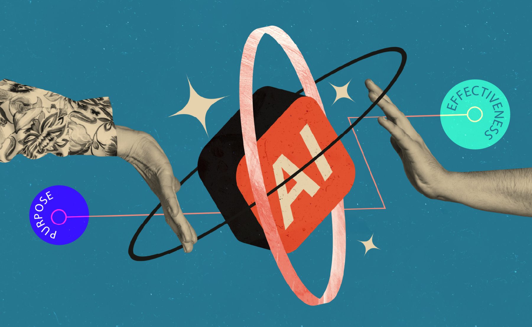 Abstract illustration of AI represented by a red cube with ‘AI’ letters, encircled by orbital rings. Two hands reach toward it from opposite sides, one labeled ‘Purpose’ and the other labeled ‘Effectiveness,’ symbolising the balance of ethical intent and performance in AI.