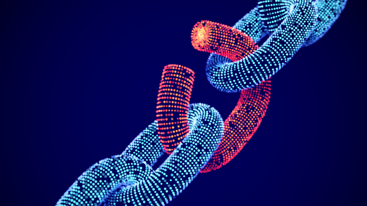A digital illustration of a chain link made of glowing dots. Most of the links are blue, but one link in the center is highlighted in red and orange, symbolizing a weak or broken connection. The background is a dark blue gradient.
