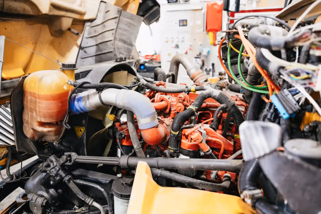 Engine repair: Red diesel block exposed with coolant reservoir, hoses loose, wiring looms staged for diagnostics.