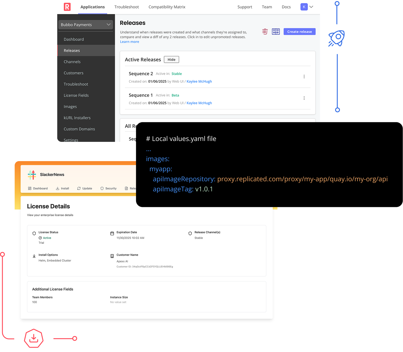 screenshots of Replicated's release flow