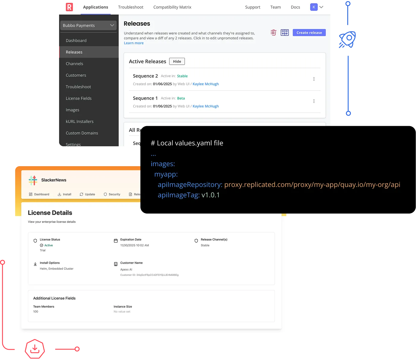screenshots of Replicated's release flow