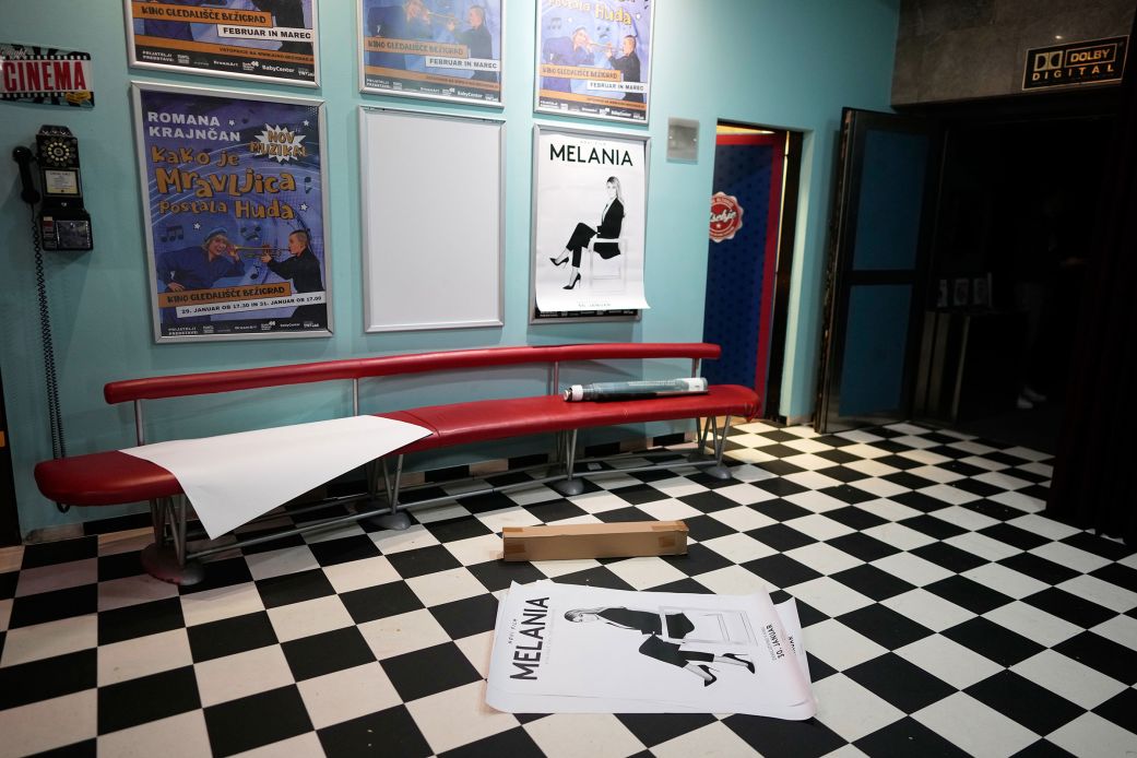 Posters for a screening of "Melania" are ready to be put up in a movie theater in Ljubljana, Slovenia, on Friday.