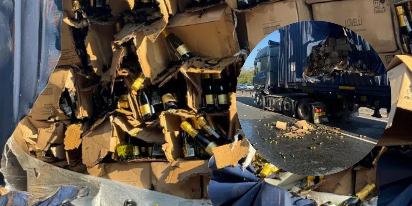 PROSECCO FLOODS BERKSHIRE MOTORWAY AFTER DOUBLE LORRY CRASH