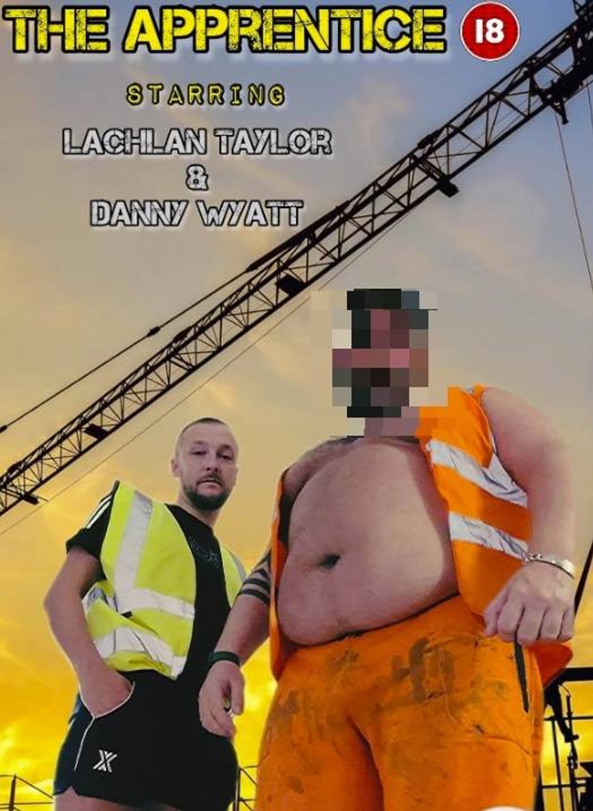 Two individuals dressed in safety vests, one with a black vest and the other with an orange vest, standing in front of a construction site backdrop featuring a large crane.