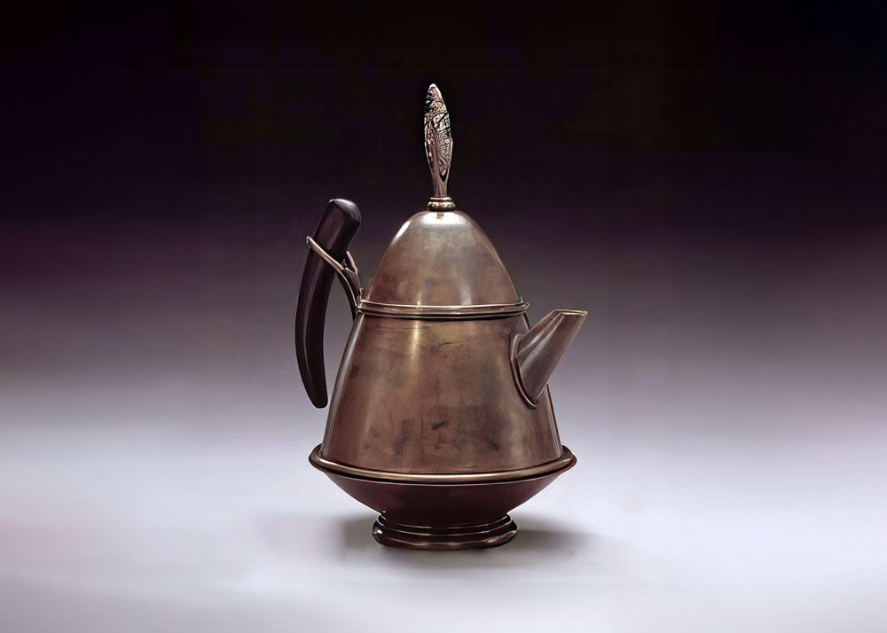 copper teapot with marble finial and ebony handle