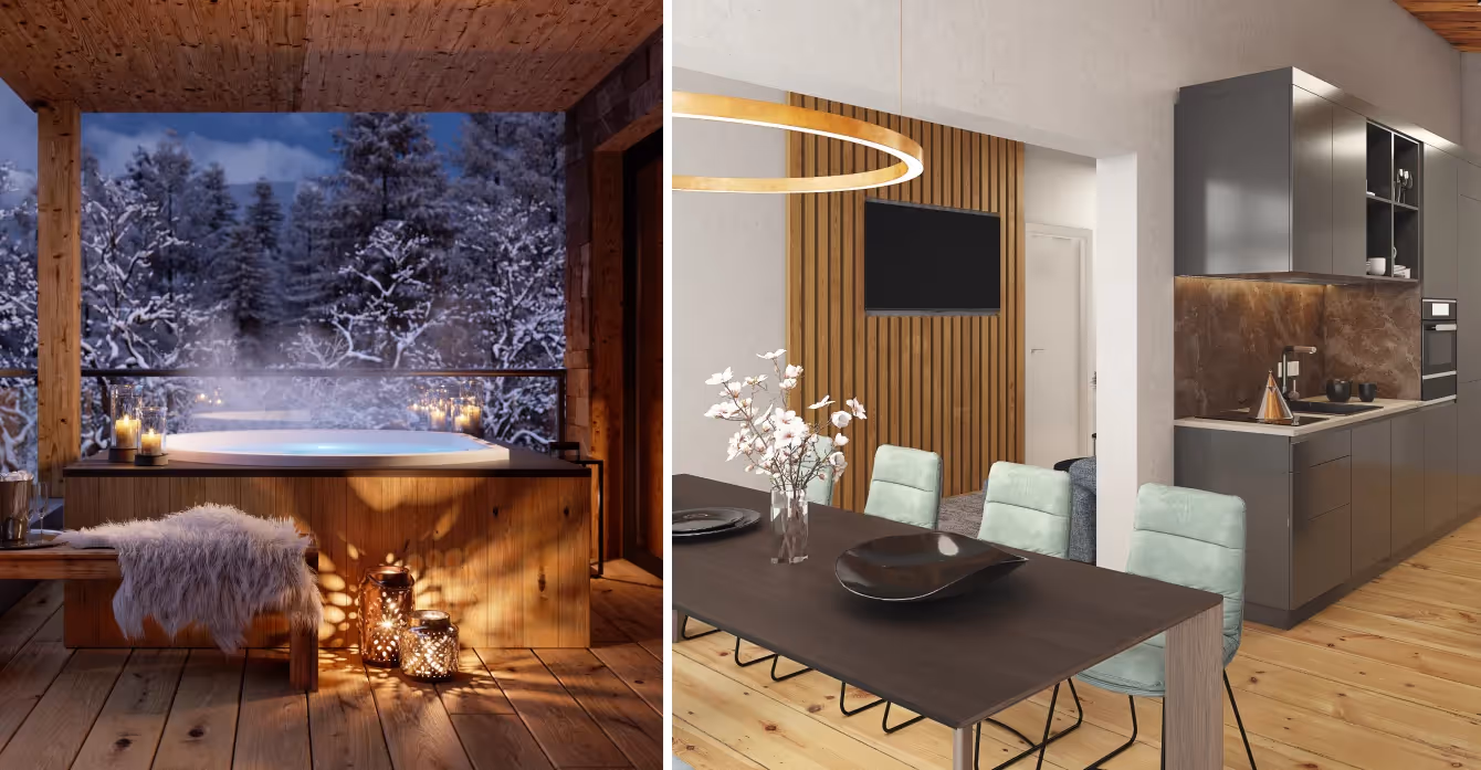 Terrasse mit privatem Spa und moderne Küche mit Essbereich in Ferienimmobilie in Saalbach