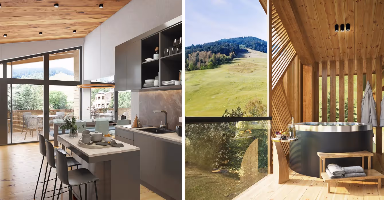 Wohnküche mit Panoramablick und private Spa-Terrasse mit Hotpot in alpiner Ferienimmobilie