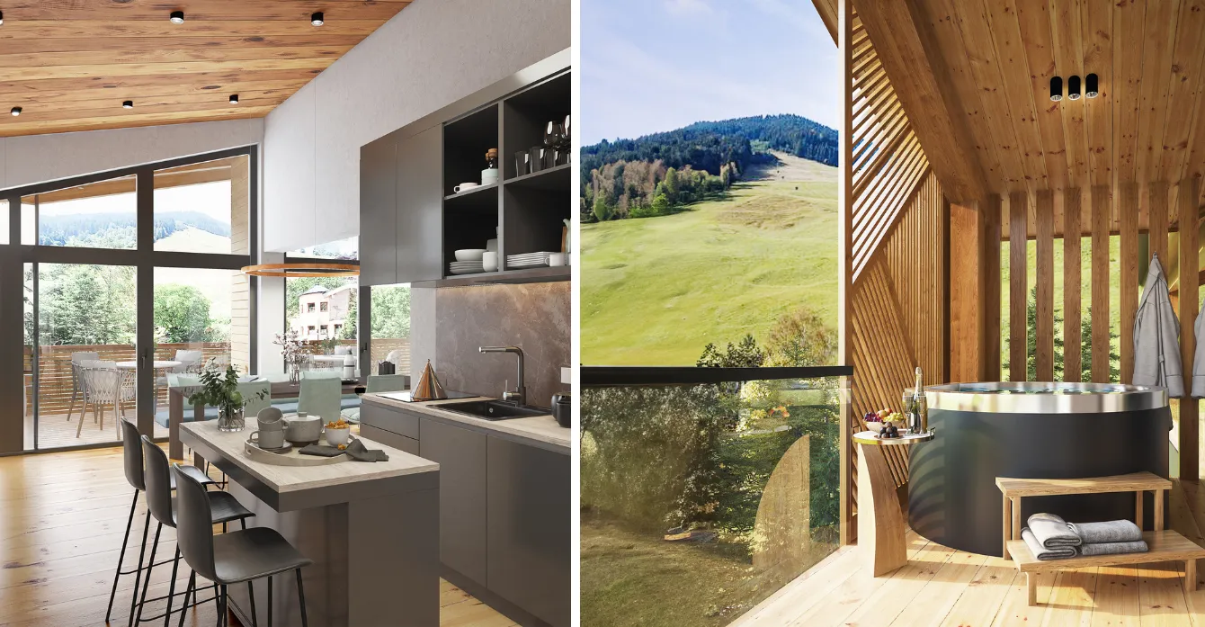 Wohnküche mit Panoramablick und private Spa-Terrasse mit Hotpot in alpiner Ferienimmobilie