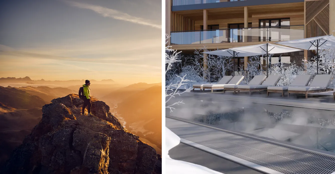 Links: Wanderer auf Berggipfel im Sonnenaufgang, rechts: Outdoor-Spa mit Liegen im verschneiten Chalet Hideaway Saalbach