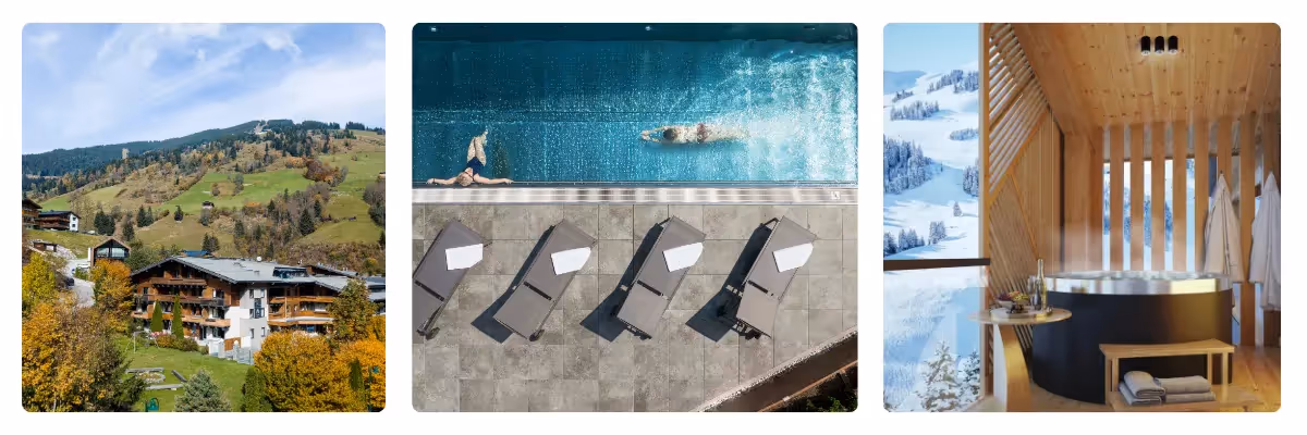 Hideaway Saalbach in den Alpen: Außenansicht des Chalets, Infinity-Pool mit Bergblick und Privat Spa mit Whirlpool – luxuriöse Ferienimmobilie für Sommer- und Winterurlaub