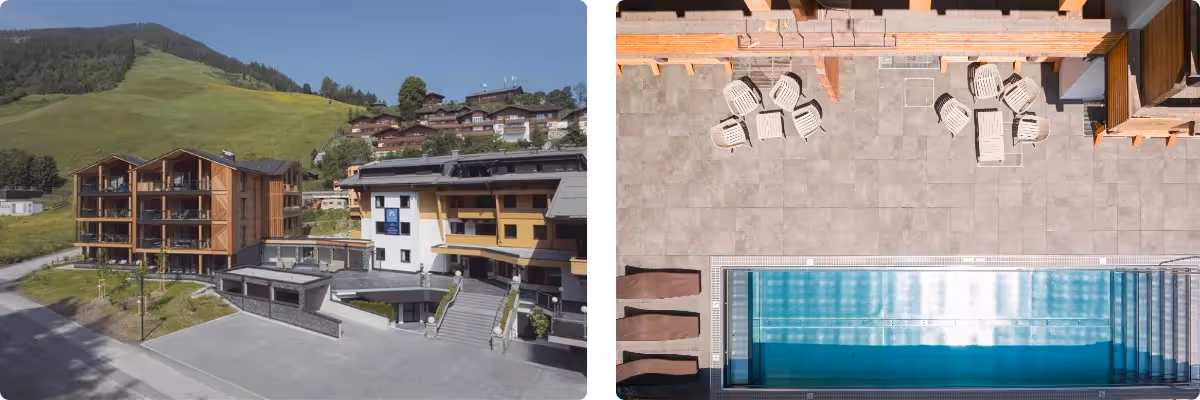 Foto von Hideaway Saalbach außen und Grafik des Außenpools