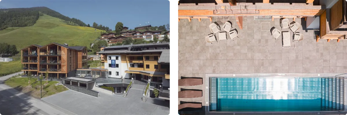 Foto von Hideaway Saalbach außen und Grafik des Außenpools