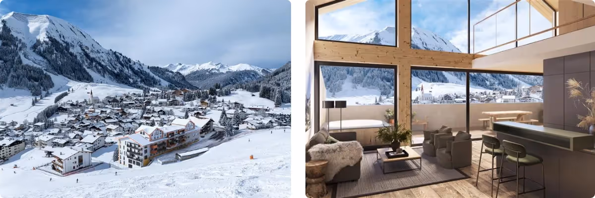 Berwanger Hof: verschneite Außenansicht und exklusiver Wohnbereich