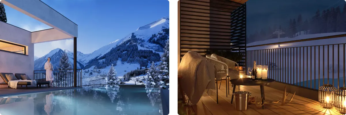 Wellness und Ausblick im Berwanger Hof – Infinitypool und Terrasse mit Bergblick bei Nacht.
