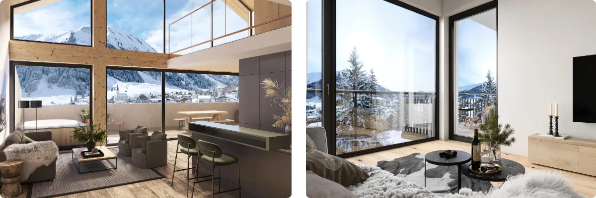 Wohnbereich im Berwanger Hof mit modernem Design und Panoramablick auf die Berge.