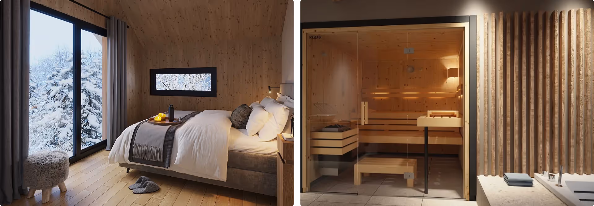 Chalet Murau in der Steiermark: Modernes Schlafzimmer mit Winterpanorama und exklusive private Sauna für entspannte Wellness-Auszeiten