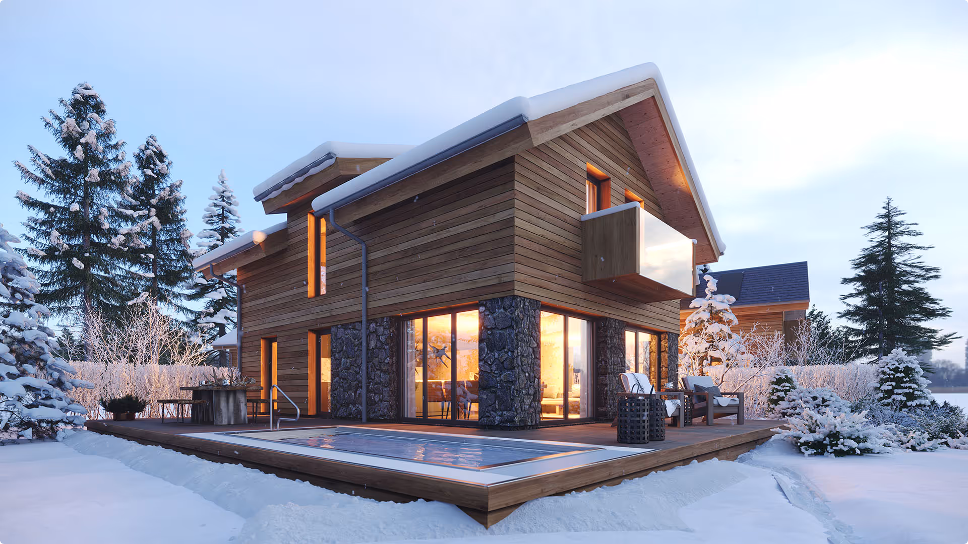 Außentotale der Wellnessvilla Sonnenchalets Murau mit Pool im Winter bei Tag