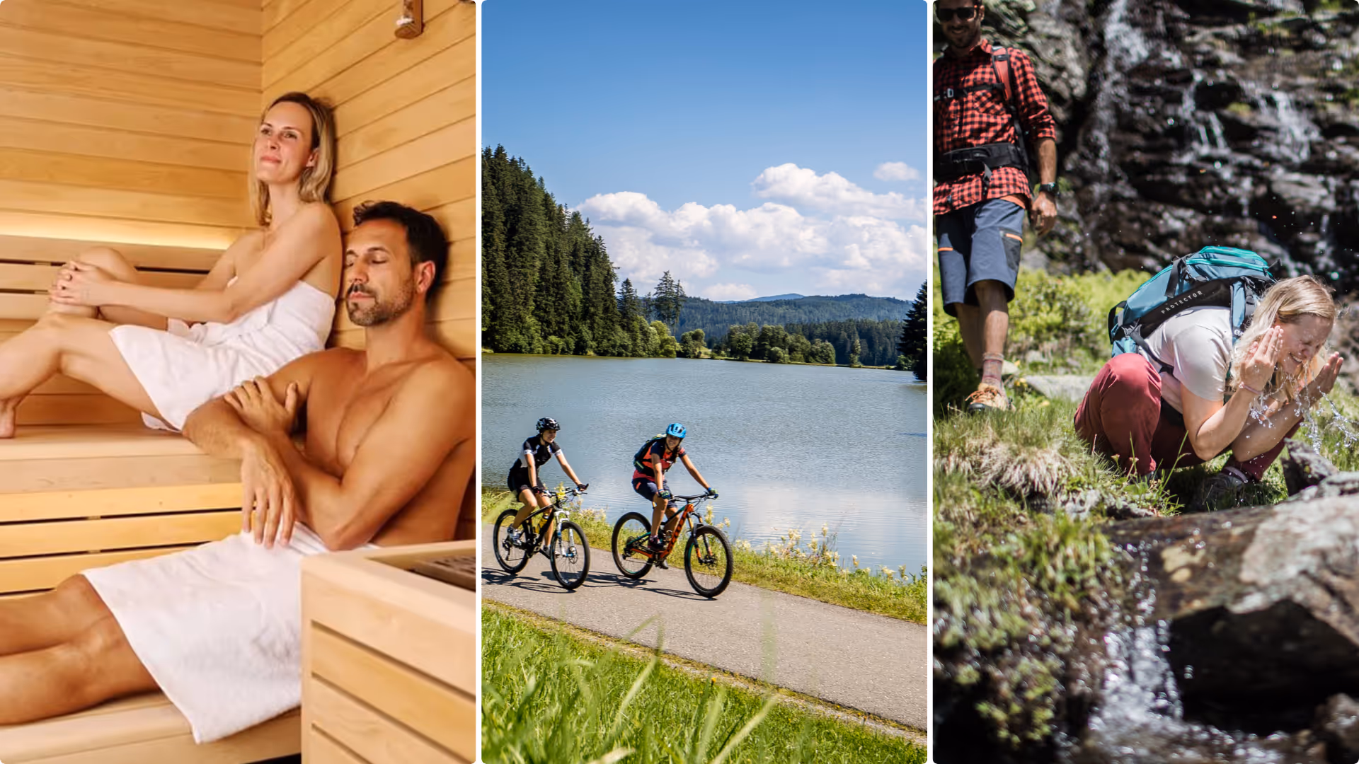 Collage: links Sauna mit Mann und Frau; Mitte Mountainbiker am Lachtal Murau; rechts Wanderin erfrischt sich am Bergsee.