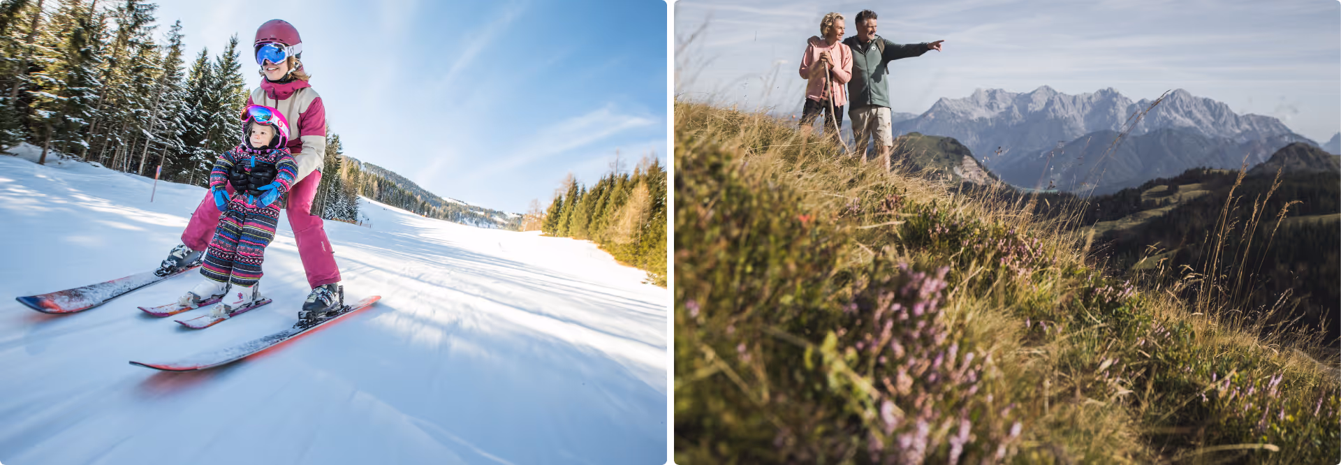 2er-Collage: Tiefschnee-Skifahren im Winter und Wanderer am Gipfelkreuz in Saalbach Hinterglemm – alpiner Ganzjahrestourismus.