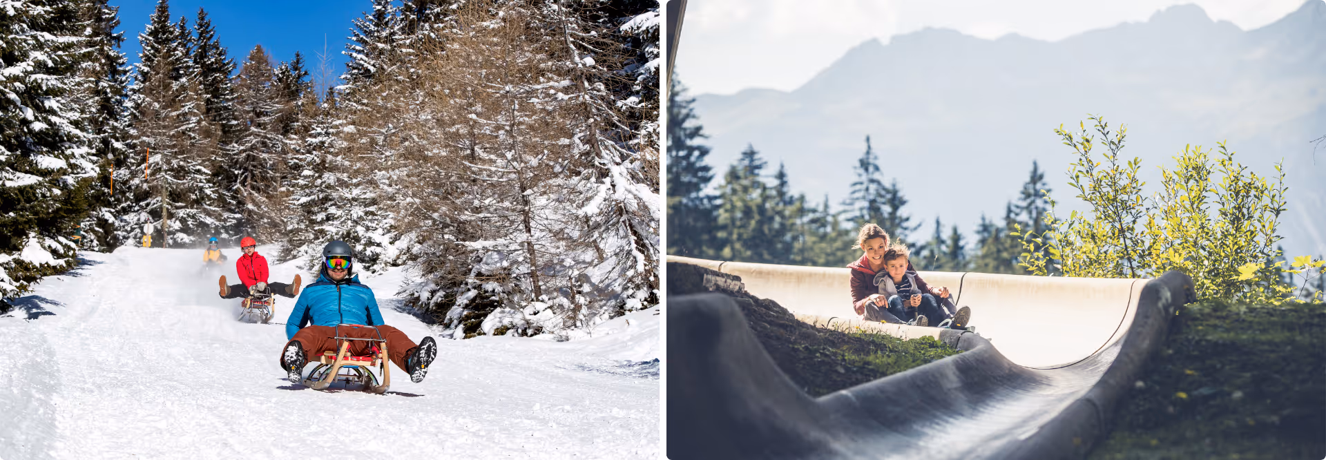 2er-Collage: Rodelspaß im verschneiten Wald im Winter und Sommerrodelbahn mit Kind in den Alpen