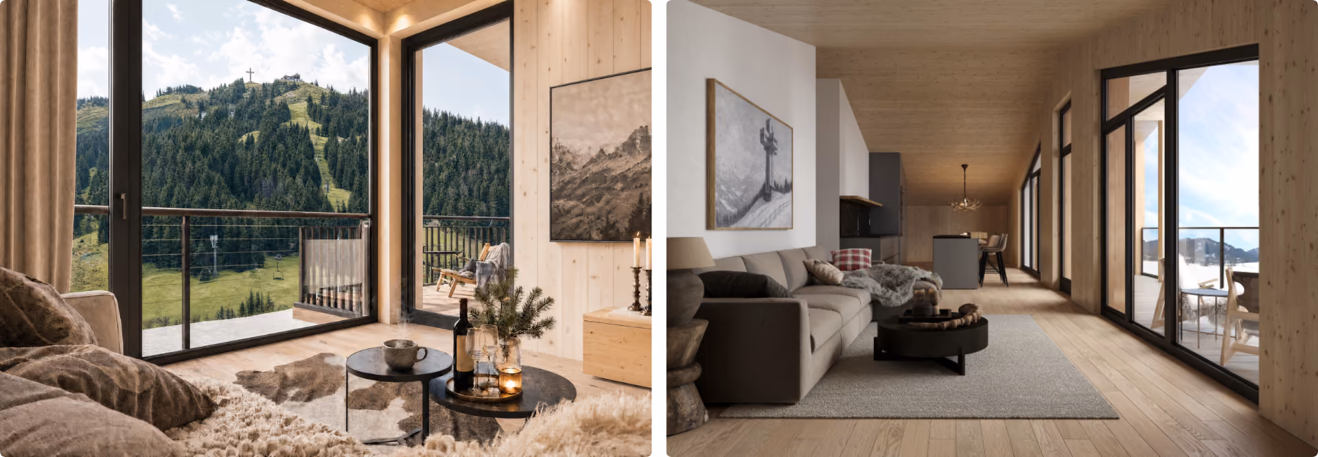 Zweier-Collage, Wohnbeispiele des Bergresorts Buchenstein: links Wohnzimmer mit Blick auf die Buchensteinwand im Sommer, rechts offener Wohn- und Essbereich mit Balkon und Winterblick.