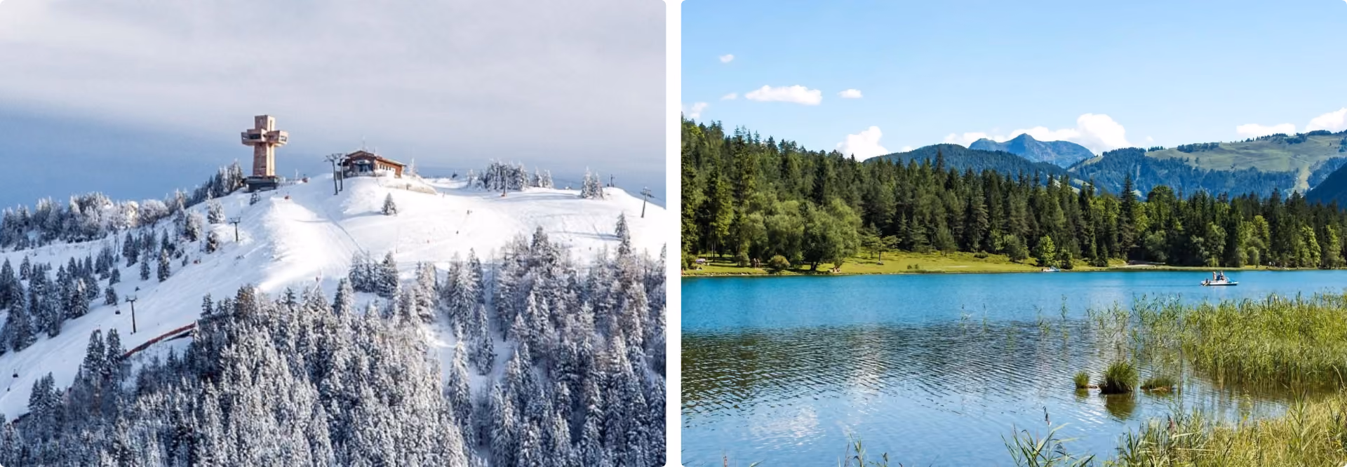 Zweier-Collage aus Tirol: links die verschneite Buchensteinwand mit dem Jakobskreuz im Winter, rechts der türkisblaue Pillersee mit Wald und Bergen im Sommer.