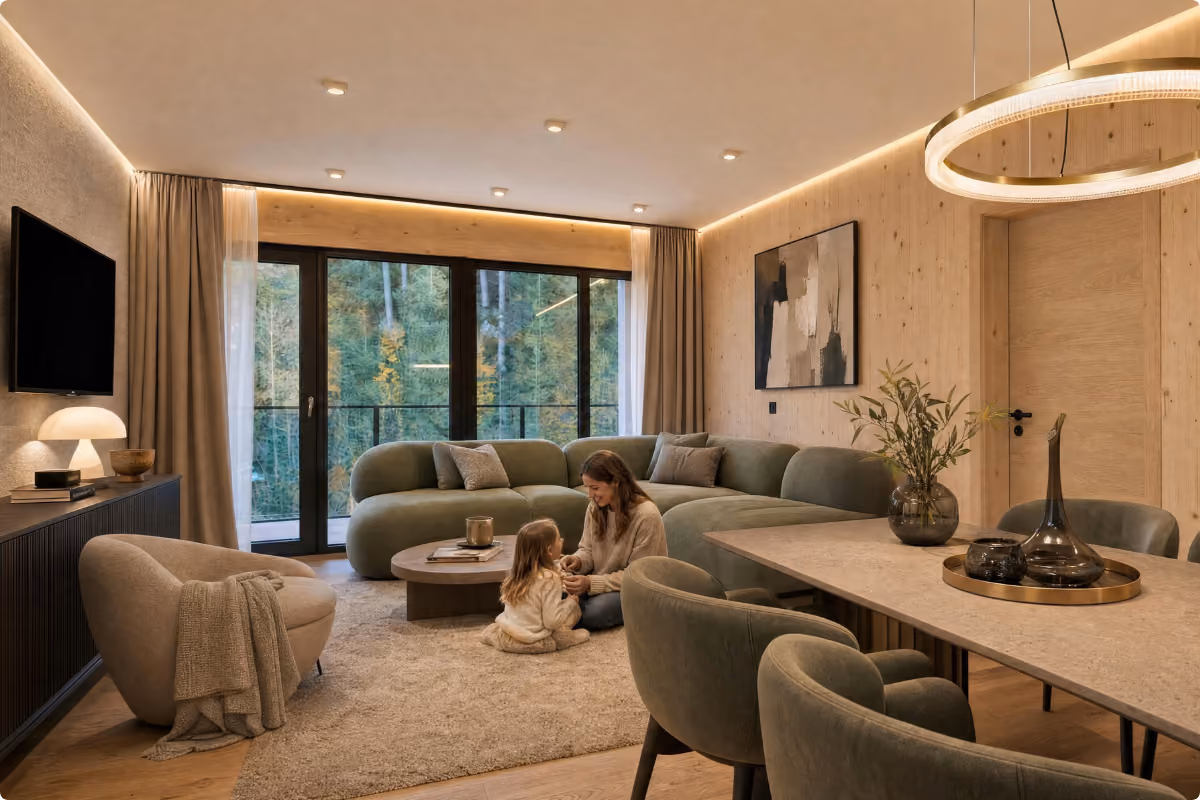 Mutter und Tochter spielen im Wohnbereich eines Apartments im Bergresort Buchenstein mit Holzwänden und Blick in den Wald.