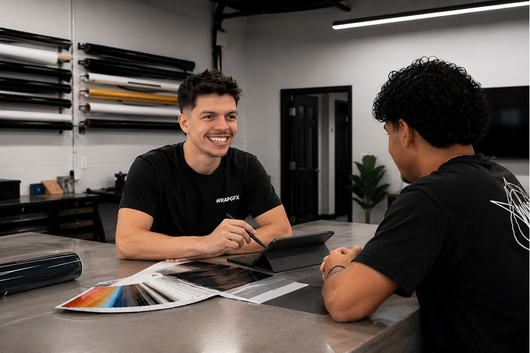 Two men having a discussion across a table with color swatches and a tablet; one man smiles and wears a black shirt with WRAPGFX text.