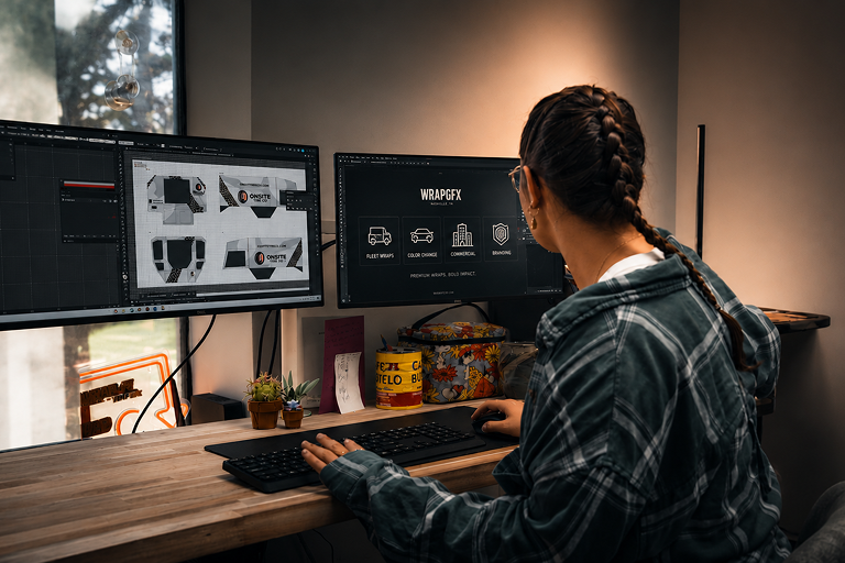 Person with braided hair and glasses working on graphic design on dual monitors, showing vehicle wrap layouts and branding concepts, seated at a wooden desk with small plants and colorful containers.