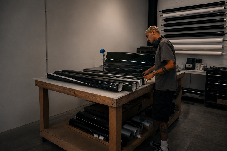 A man with short blond hair, headphones around his neck, and tattoos on his left arm and right leg, stands at a wooden table arranging large rolls of glossy black and silver film or vinyl in a workshop with various rolls stored underneath and on racks along the wall.