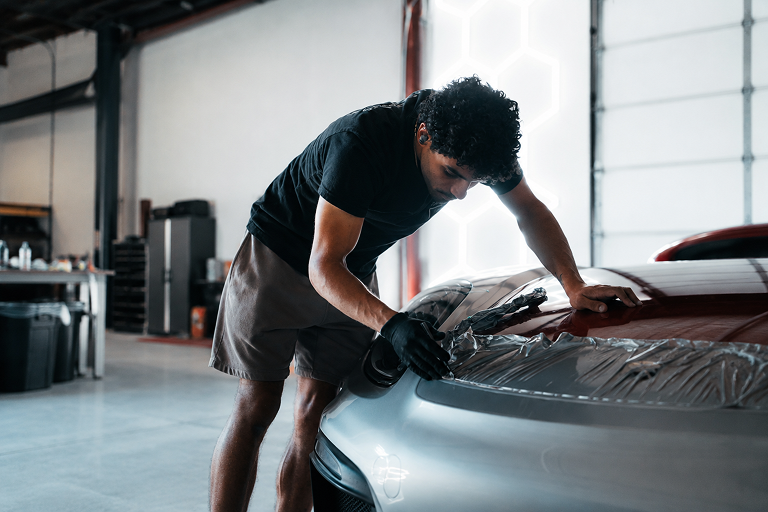 Man wearing gloves and shorts carefully installing or applying a protective film or wrap on the hood of a car inside a garage or workshop.