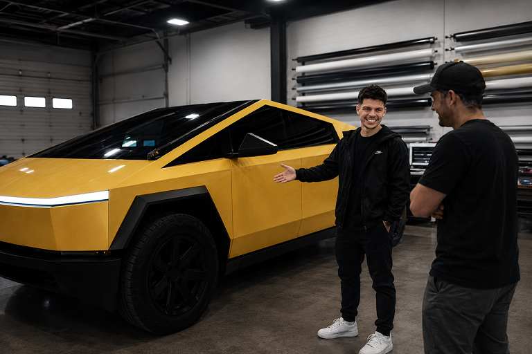 Two men in a workshop stand by a yellow futuristic pickup truck; one man gestures toward the vehicle with a smile, while the other listens with arms crossed.