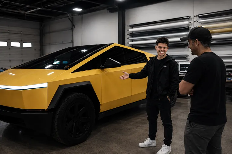 Two men in a workshop stand by a yellow futuristic pickup truck; one man gestures toward the vehicle with a smile, while the other listens with arms crossed.