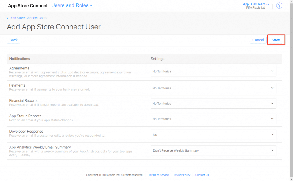save after you add app store connect user