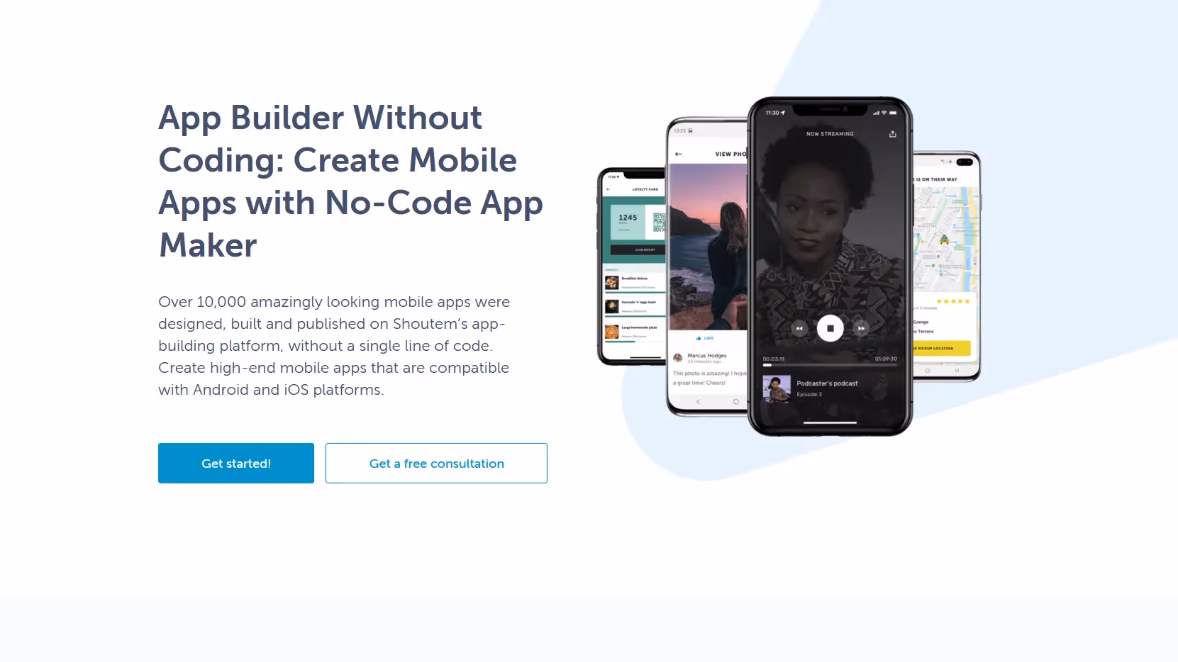 A screenshot of the Shoutem homepage reading "app builder without coding: create mobile apps with no-code app maker."