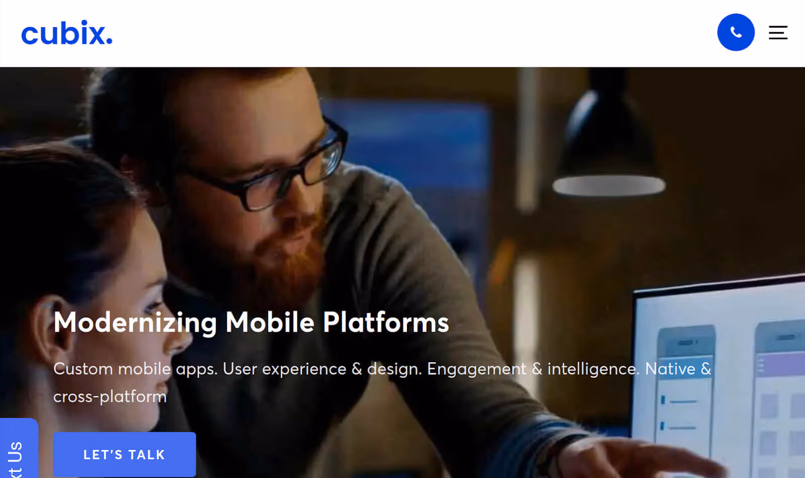 Screenshot of the Cubix website reading "Modernizing mobile platforms. Custom mobile apps. User experience & design. Engagement & intelligence. Native & cross-platform."