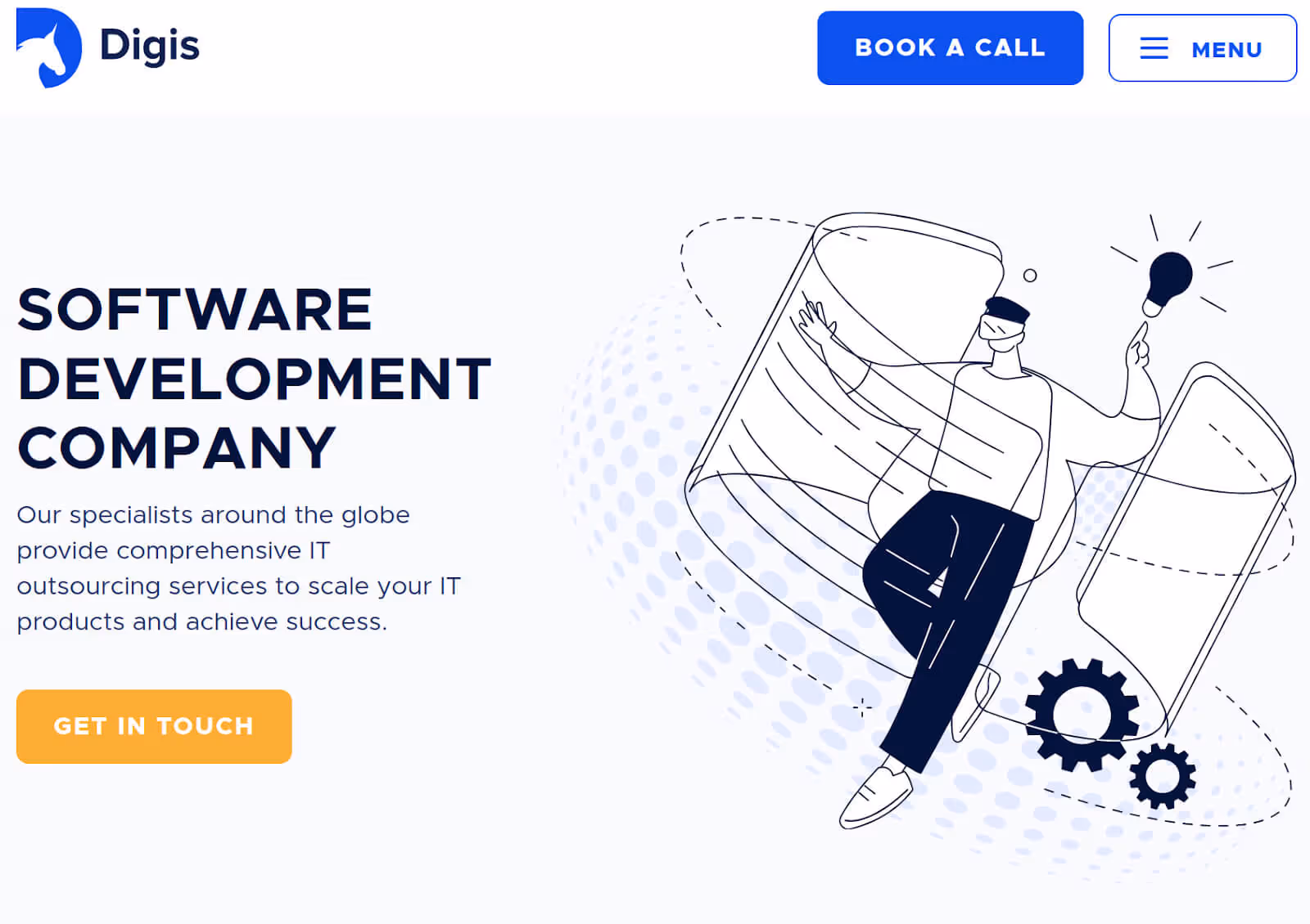 Screenshot of the Digis website reading "software development company. Our specialists around the globe provide comprehensive IT outsourcing services to scale your IT products and achieve success."