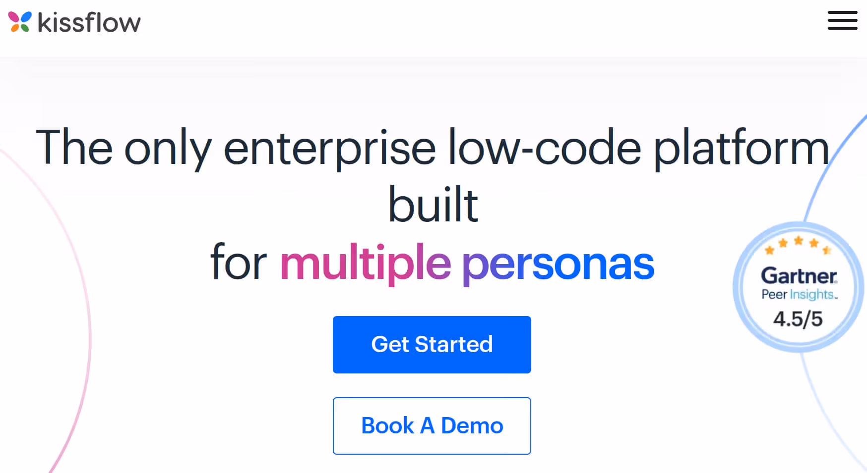 Screenshot of Kissflow website reading "the only enterprise low-code platform built for multiple personas."