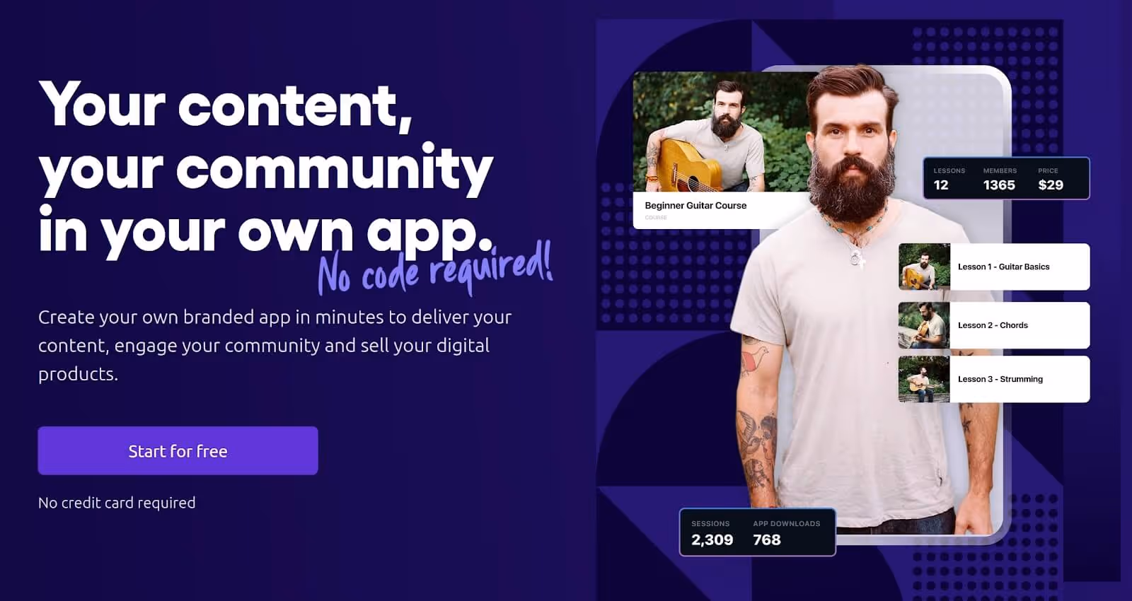 A screenshot of the Movement website that reads "Your content, your community in your own app. No code required!"