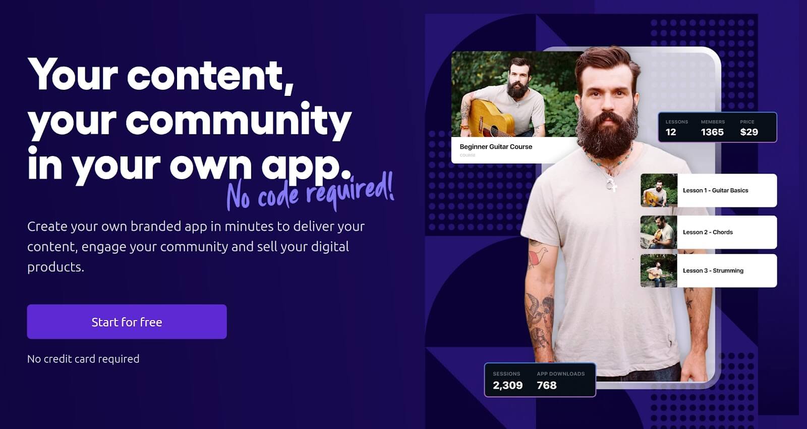 A screenshot of the Movement website that reads "Your content, your community in your own app. No code required!"