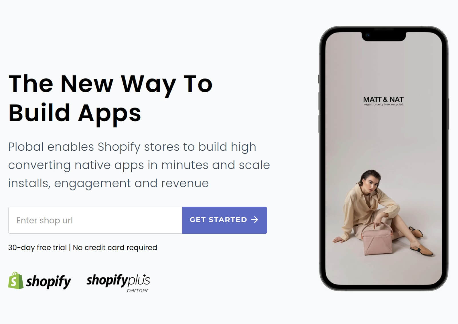 A screenshot of the Plobal Apps website that reads "The New Way To Build Apps."