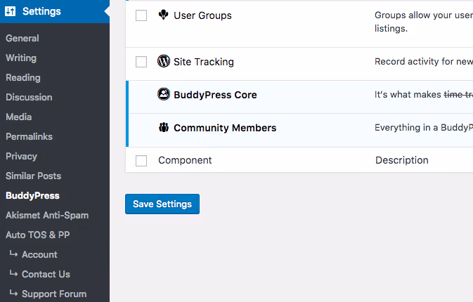BuddyPress Settings Menu