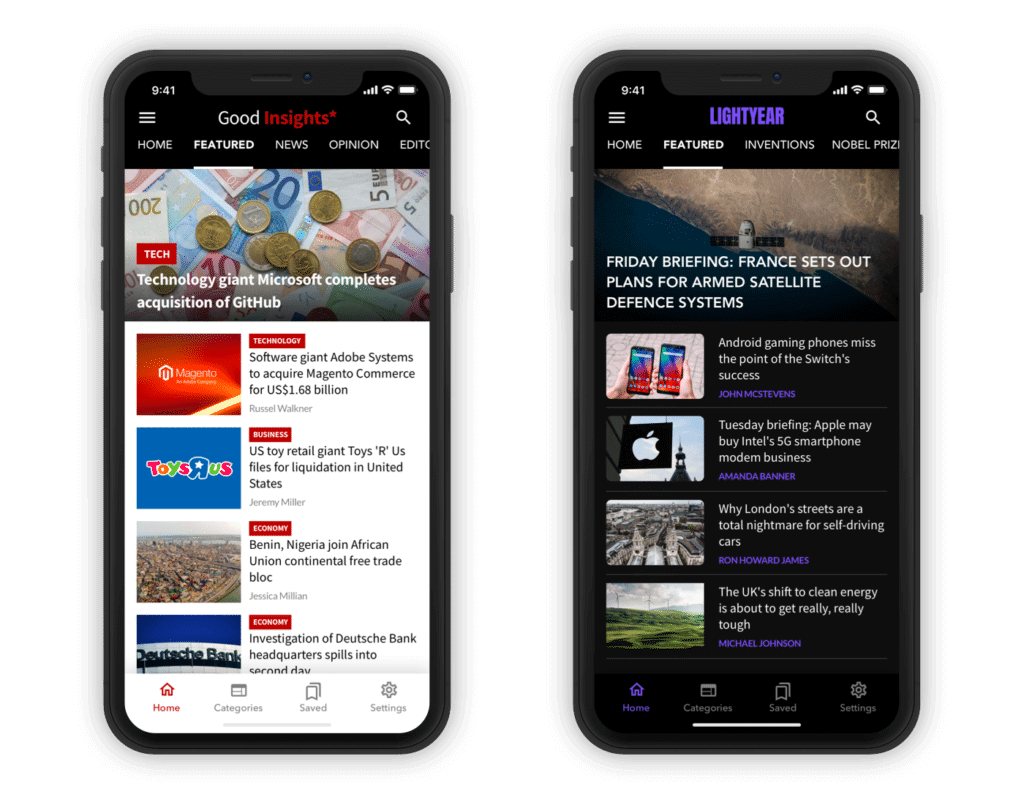 Two examples of sites that create a news app with MobiLoud News