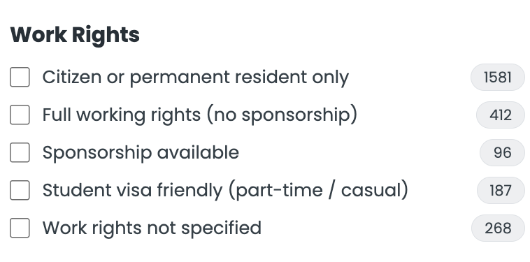 Work rights filter showing multiple states with role counts