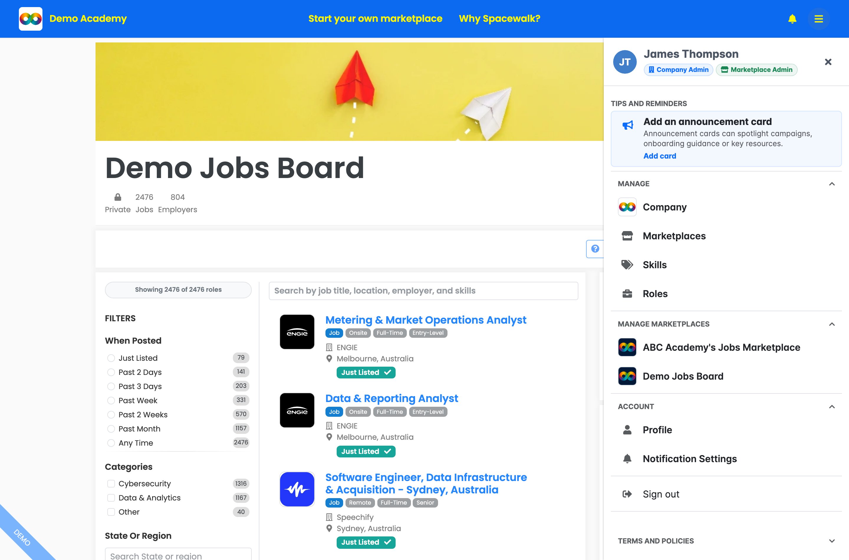 The sidebar open on the right showing the admin name with Company Admin and Marketplace Admin badges, plus Tips and reminders, Manage, Manage marketplaces and Account groups.