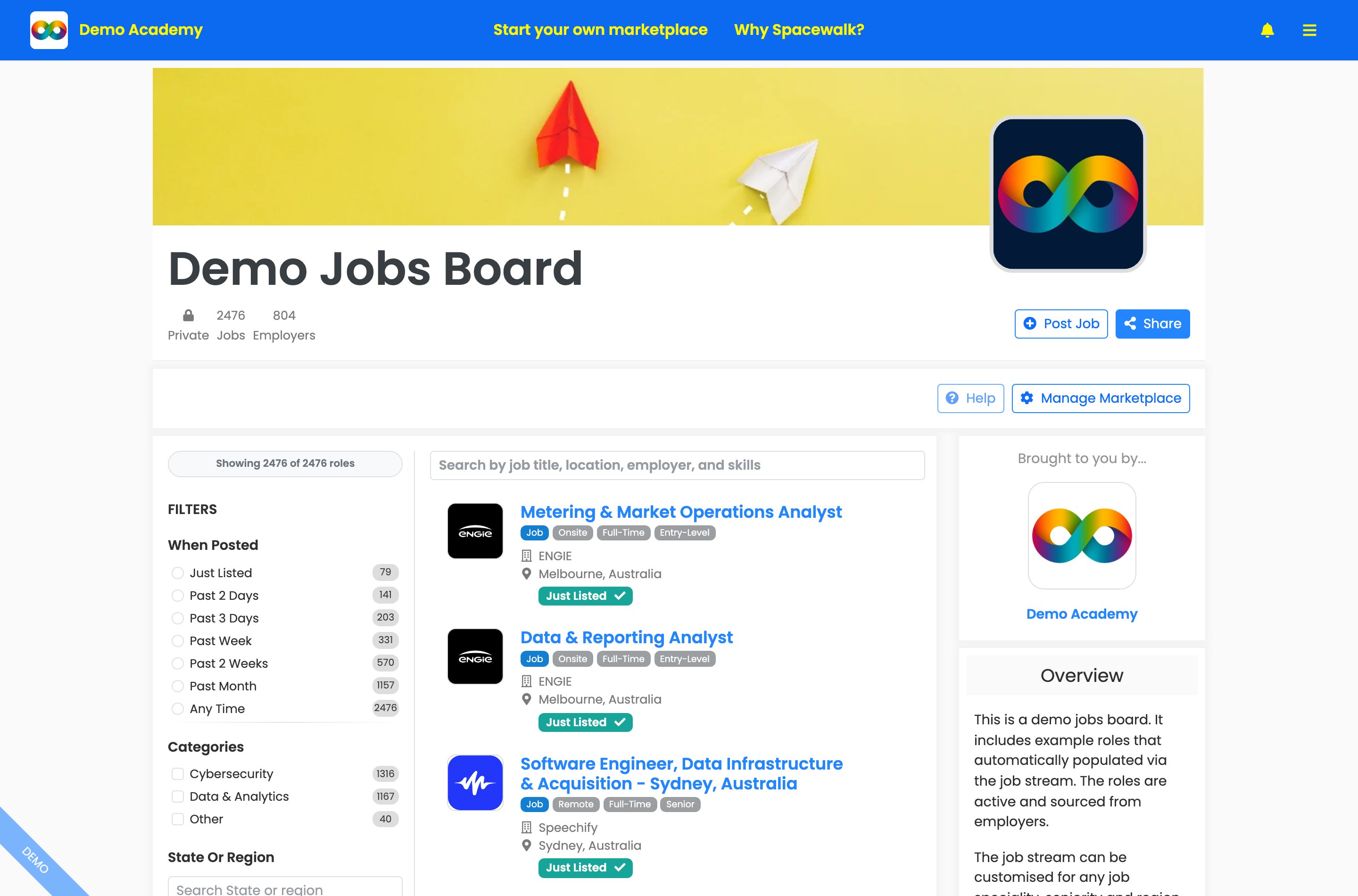 A branded board home page with the coloured header bar, board name, Private badge and the Jobs and Employers counts.