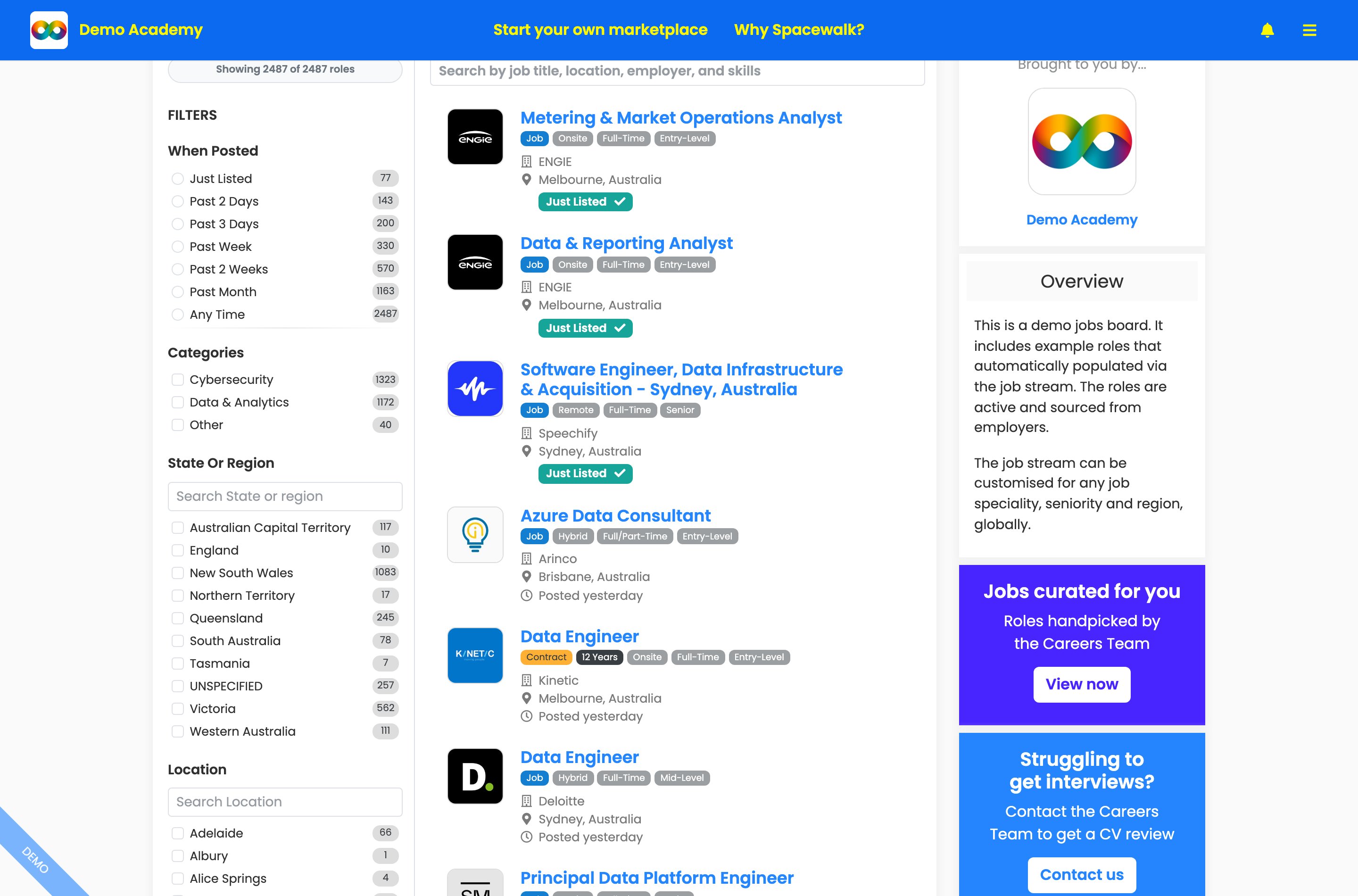 A board full of job stream roles with Just Listed badges, and When Posted, Categories and State Or Region filters down the left.