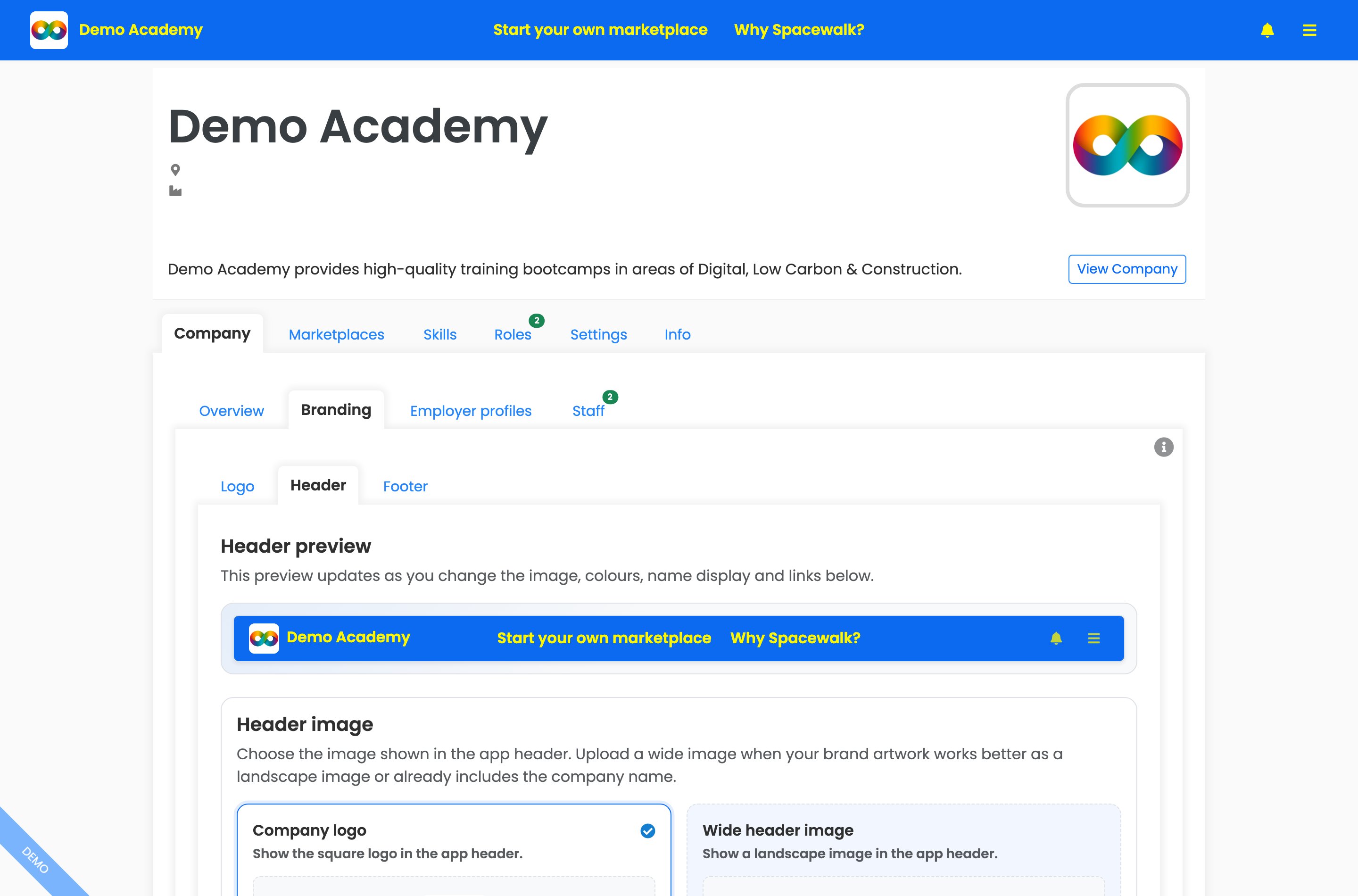 The Branding tab open on the Header sub-tab, showing a live Header preview bar and the header image options.