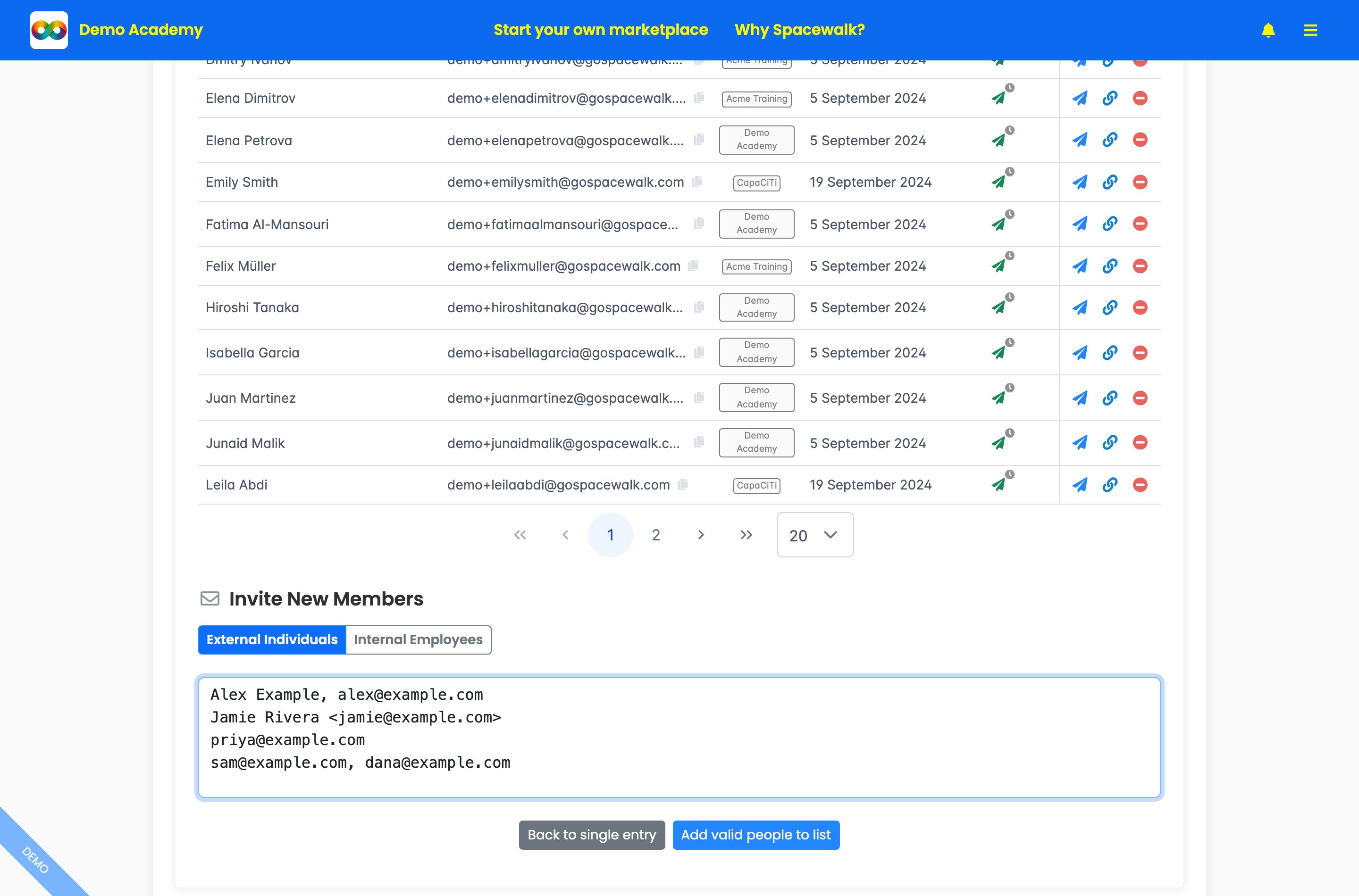The Invite New Members panel with the Paste a list box filled with names and emails in several different formats, and the Add valid people to list button.