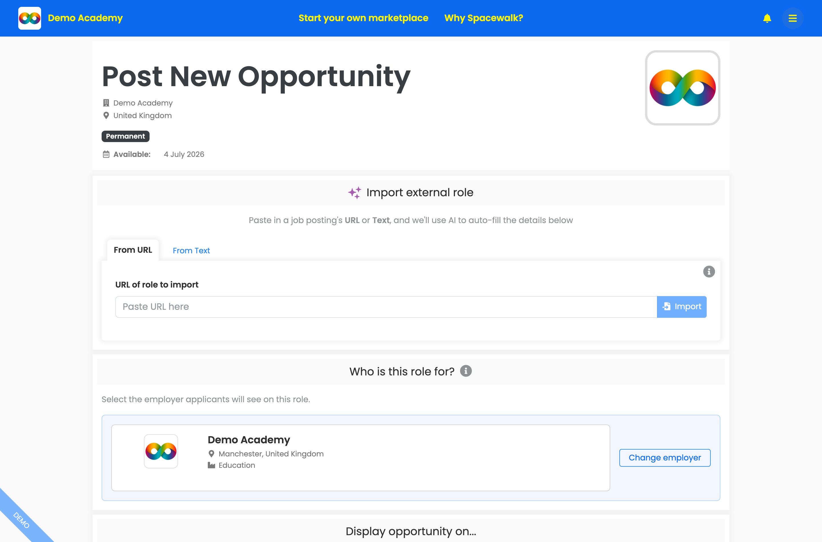 The Post New Opportunity page with the Import external role box, showing From URL and From Text tabs, an Import button and the Who is this role for section.